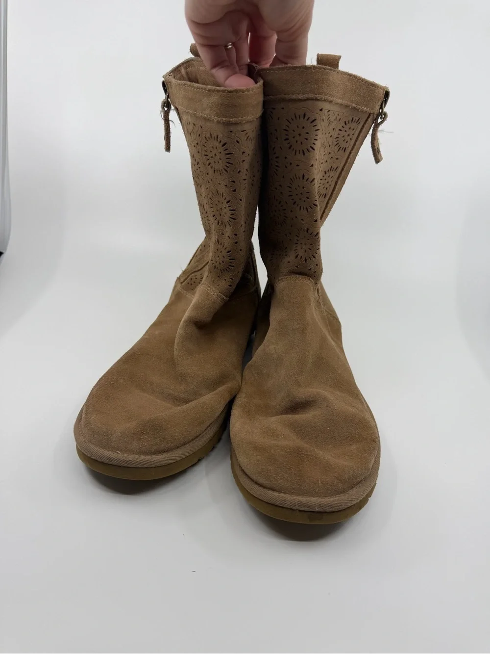 UGG Lo Pro Marrakech Boots Chestnut Suede Sheepskin Laser Cut Side Zip Women's 9